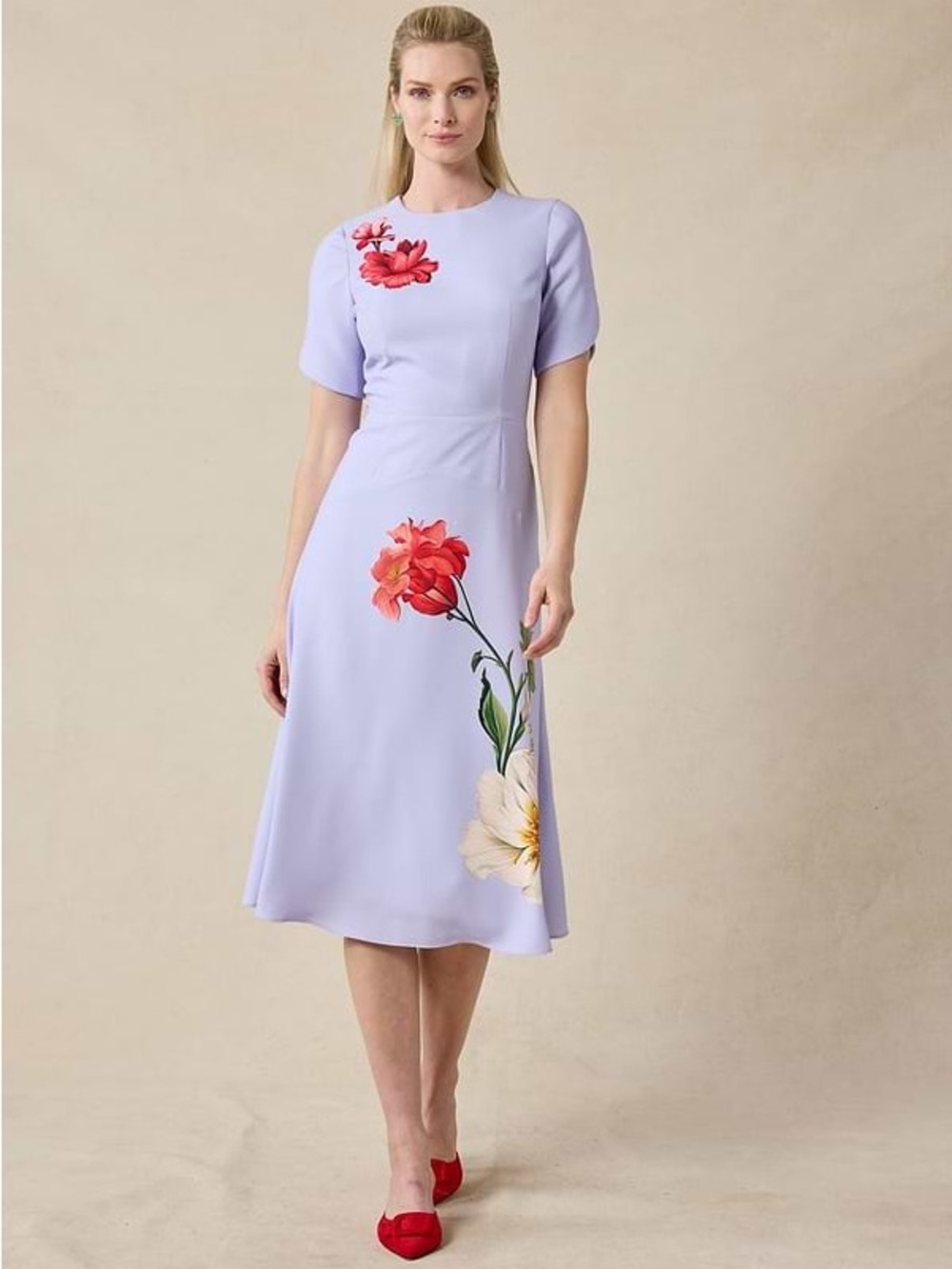 Teri Jon Floral Print Crepe Fit&Flare Midi Dress in Lavender $610 Sz 10 RARE